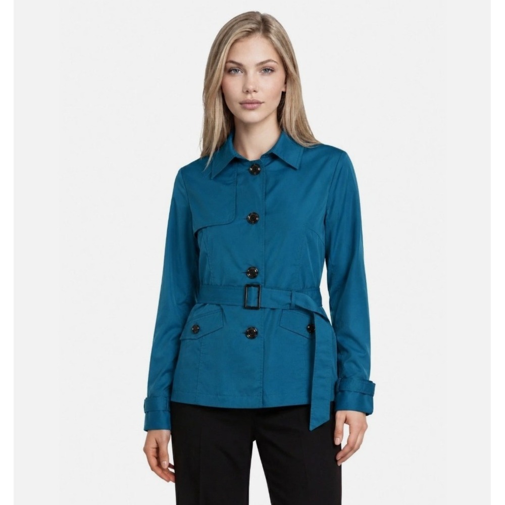 Talbots Womens Teal Blue Trench Jacket Medium Belted Double Breasted Coat